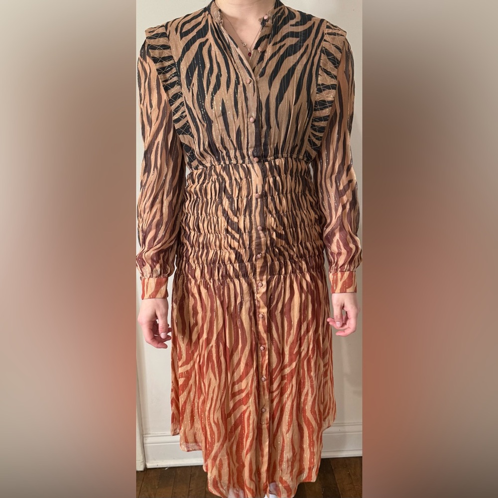 Rococo Sand Tiered Zebra-Stripe Midi Dress (Anne Midi)